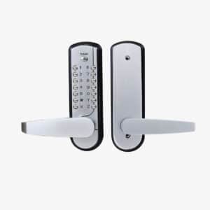 Silver lever door handle with a vertical pushbutton keypad featuring numbers and letters