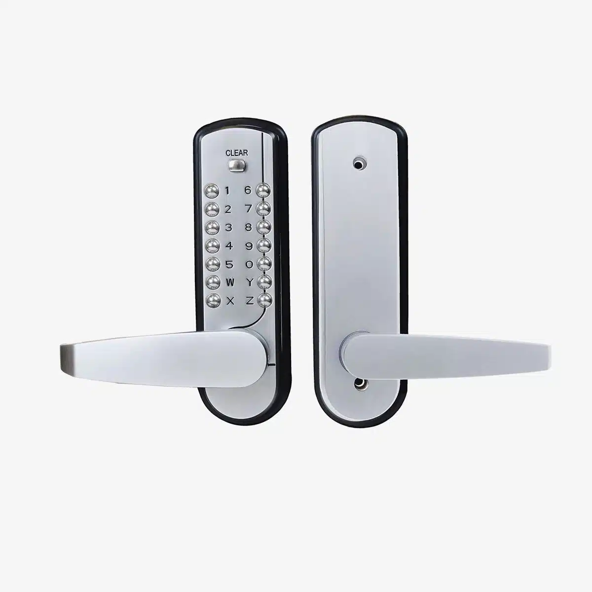 carbine cdl7200 digital lock, carbine cdl7200 hd, dual lever digital lock, bca compliant digital lock, mechanical digital lockset, heavy duty keypad lock, commercial digital door lock australia, Silver lever door handle with a vertical pushbutton keypad featuring numbers and letters, CDL7200-HD, carbine cdl7200 digital lock,