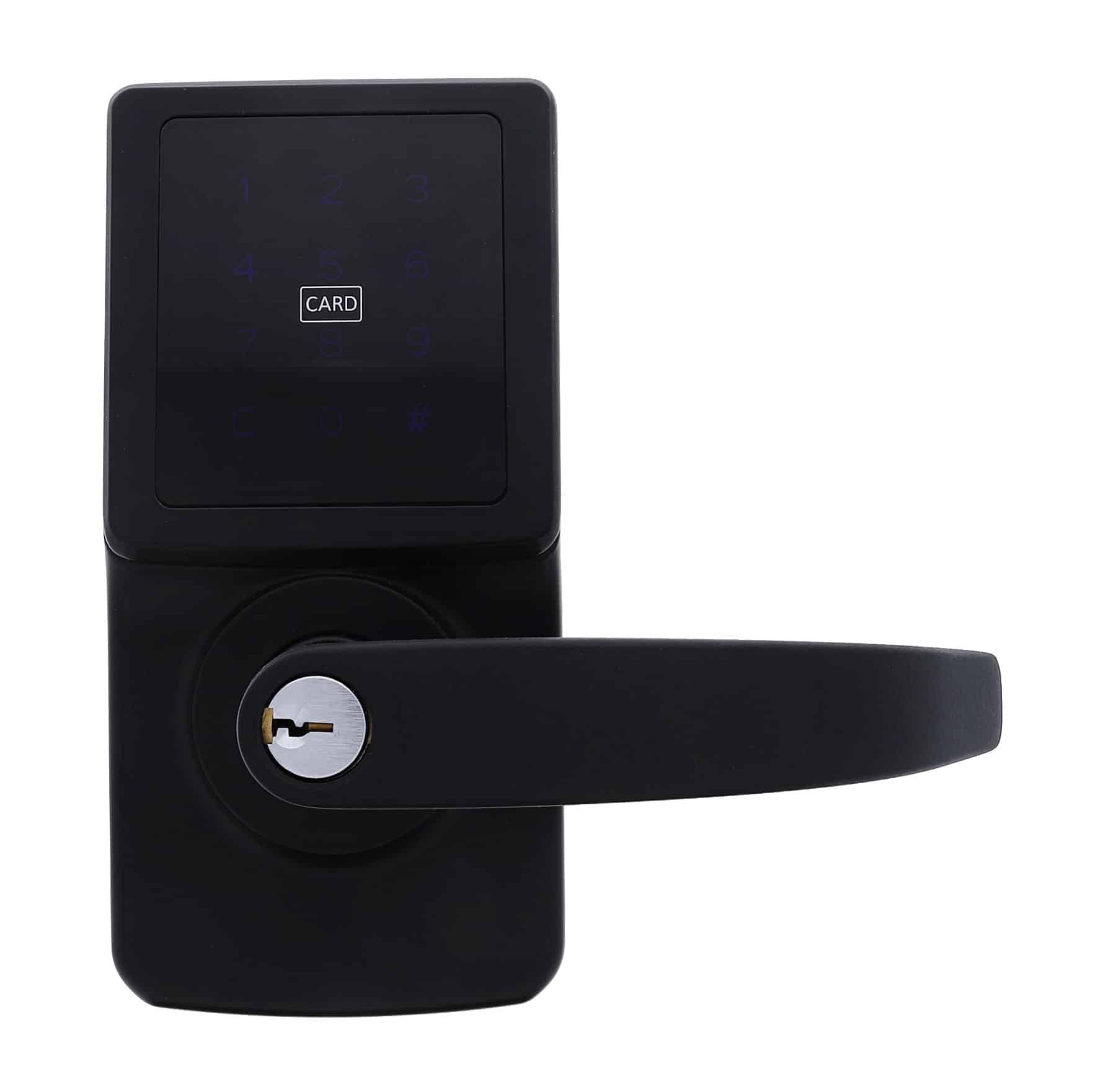 carbine cel digital leverset, CEL-3IN1-SL8, Black smart door lock with touchscreen keypad, card reader, and lever handle with keyhole