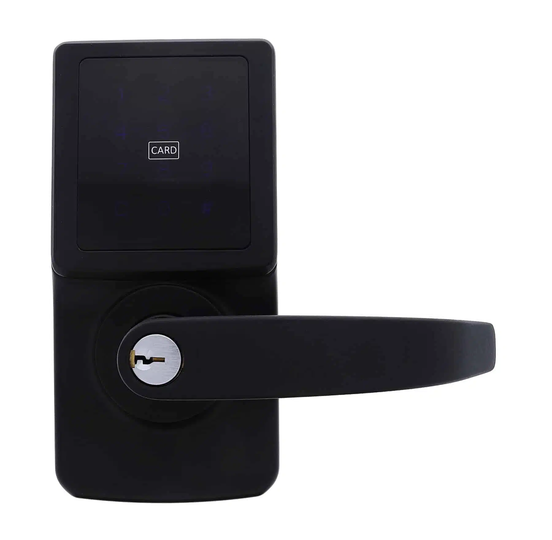 carbine cel digital leverset, CEL-3IN1-SL8, Black smart door lock with touchscreen keypad, card reader, and lever handle with keyhole