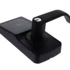 carbine cel digital leverset, CEL-3IN1-SL8, Black electronic door handle with a lever, keyhole, and integrated card reader pad
