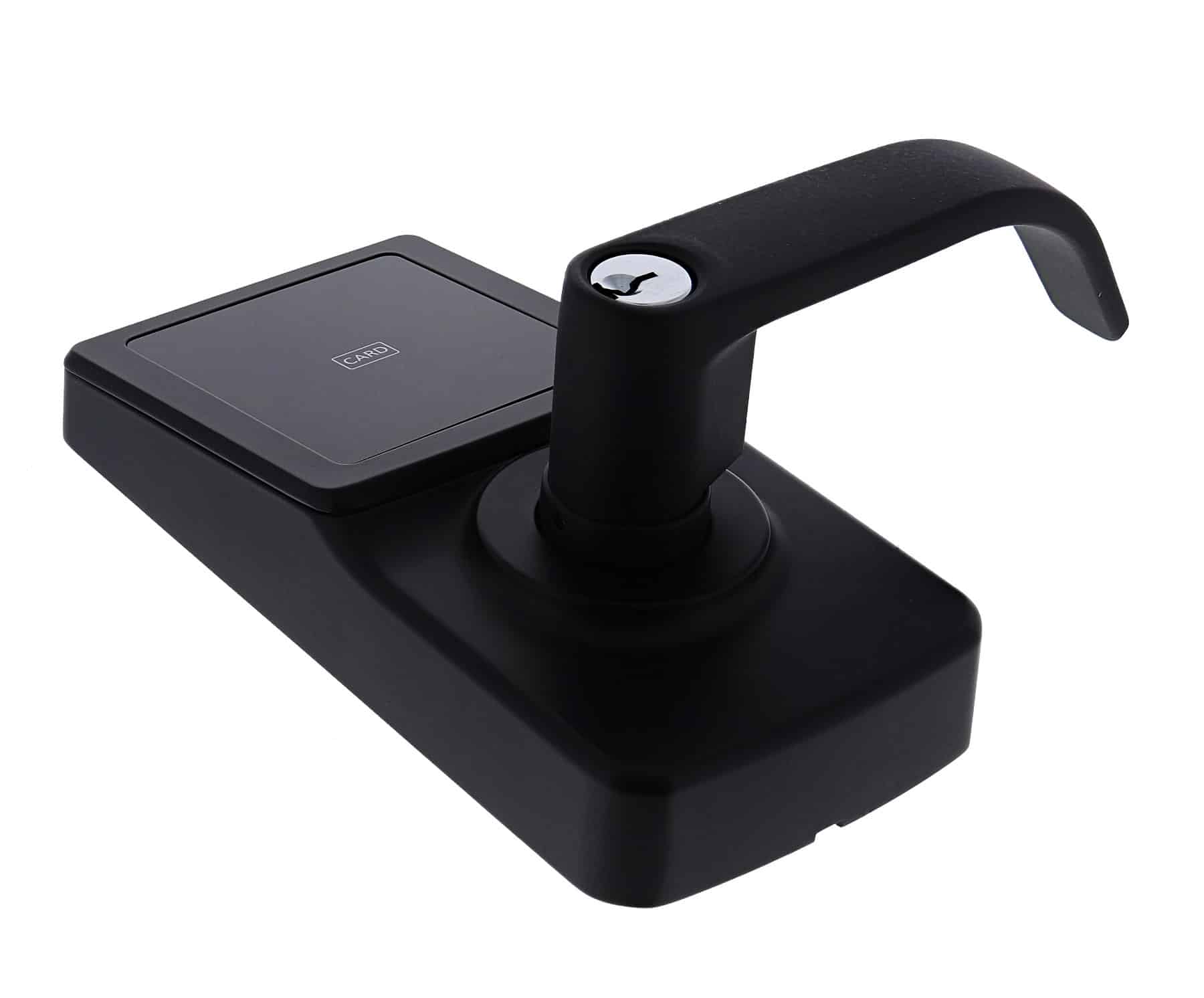 carbine cel digital leverset, CEL-3IN1-SL8, Black electronic door handle with a lever, keyhole, and integrated card reader pad