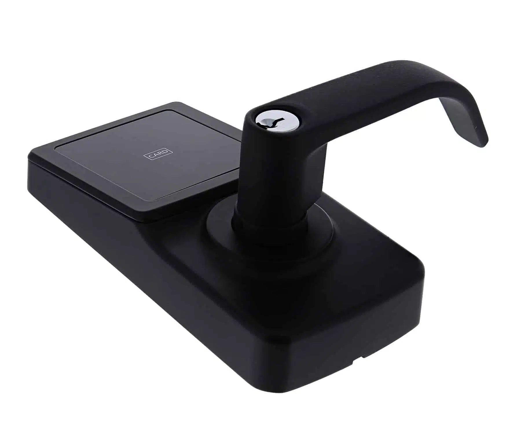 carbine cel digital leverset, CEL-3IN1-SL8, Black electronic door handle with a lever, keyhole, and integrated card reader pad