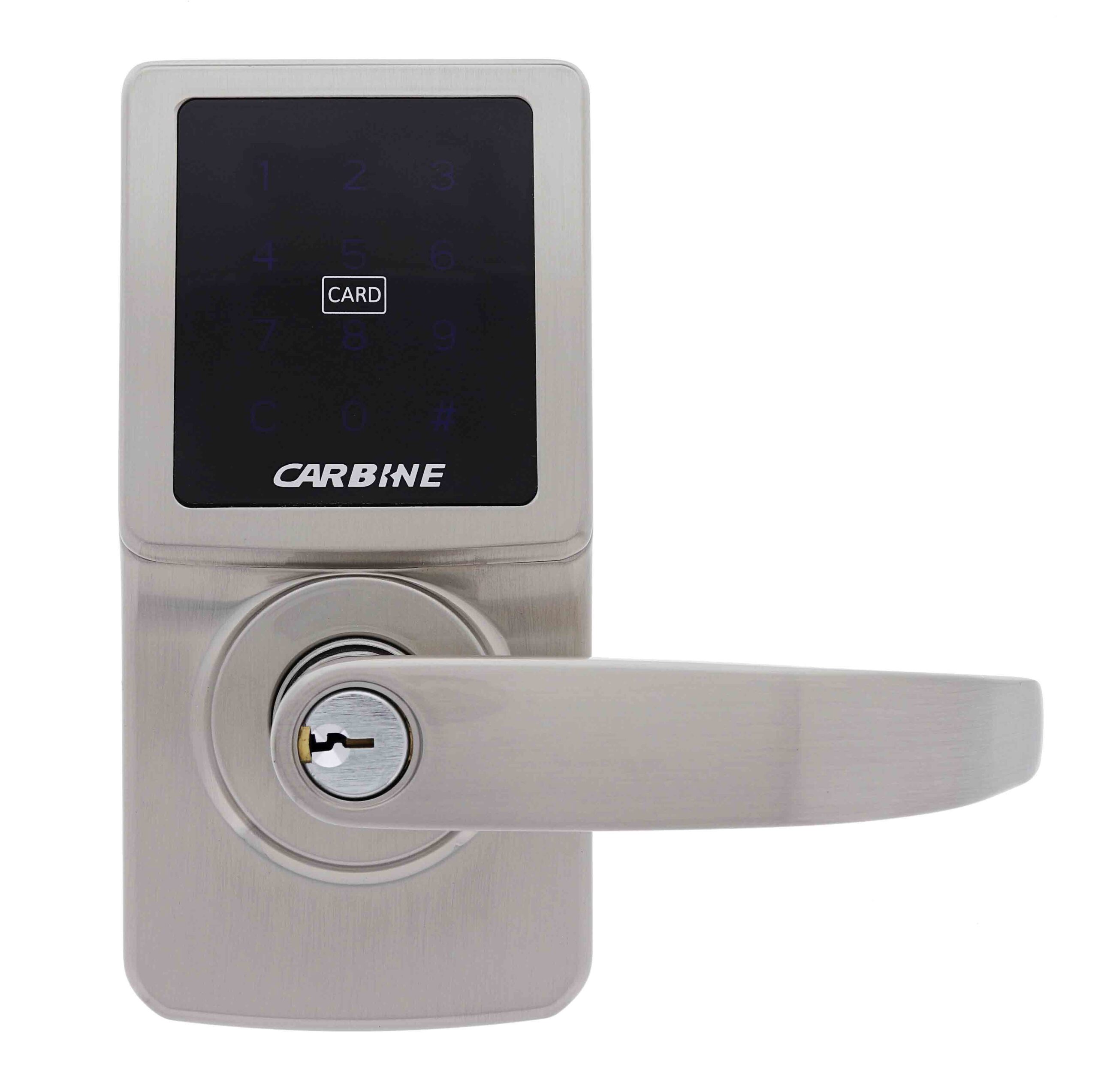 carbine cel digital leverset, CEL-3IN1-SL8, Carbine electronic door lock with keypad, card reader, and lever handle in a brushed metal finish