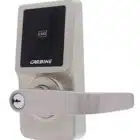 carbine cel digital leverset, CEL-3IN1-SL8, Carbine digital door lock with lever handle, touchscreen keypad, and card reader in a brushed metal finish