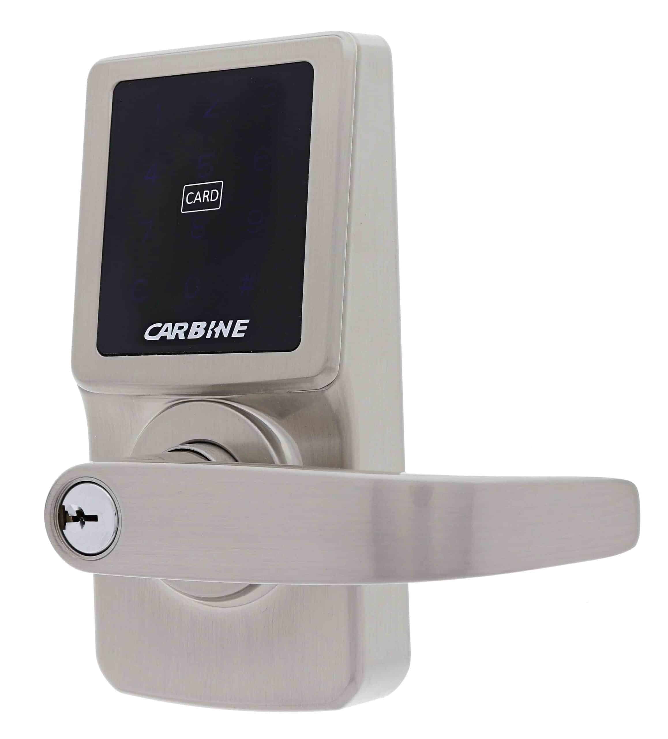 carbine cel digital leverset, CEL-3IN1-SL8, Carbine digital door lock with lever handle, touchscreen keypad, and card reader in a brushed metal finish