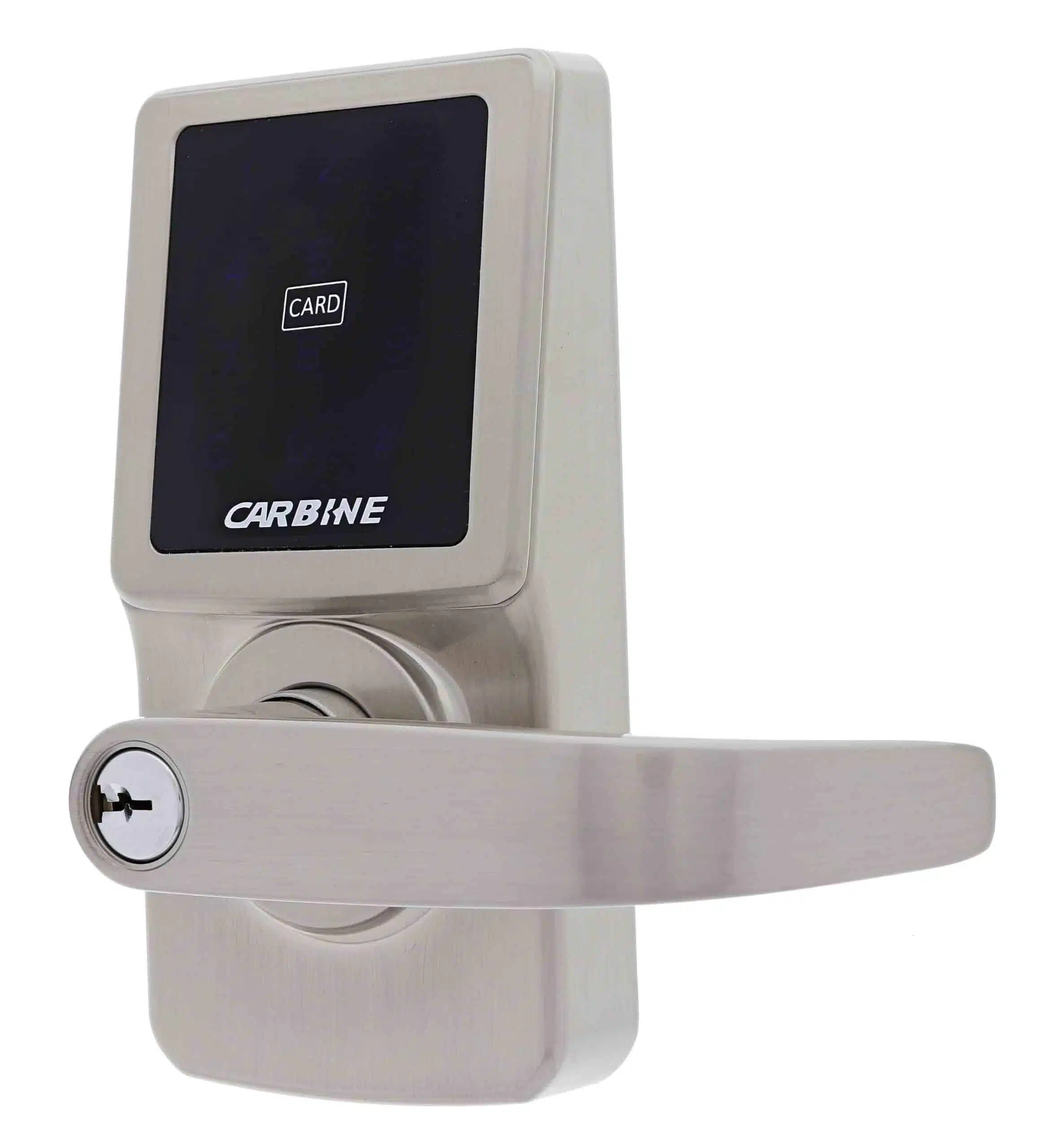 carbine cel digital leverset, CEL-3IN1-SL8, Carbine digital door lock with lever handle, touchscreen keypad, and card reader in a brushed metal finish