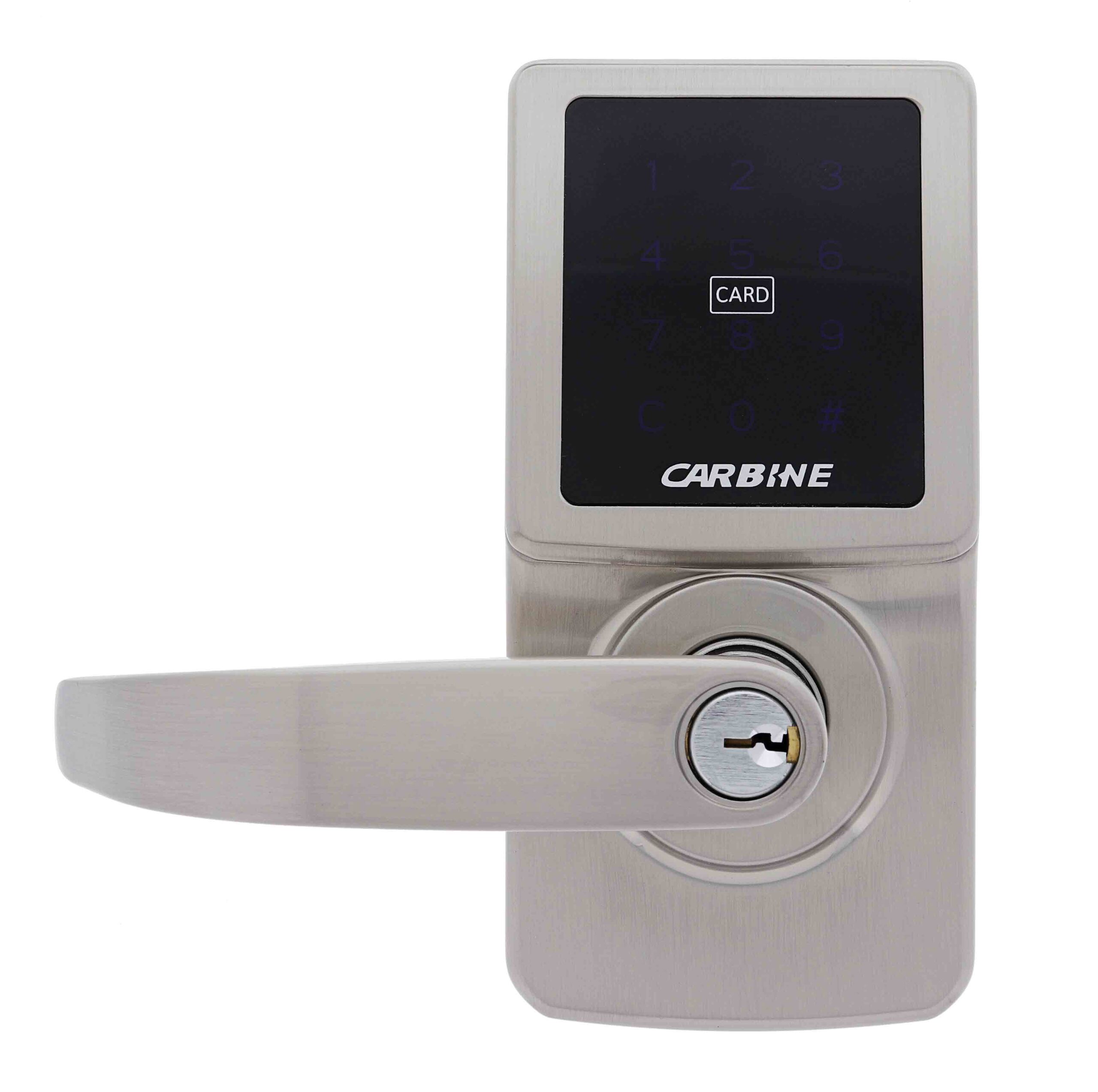 carbine cel digital leverset, CEL-3IN1-SL8, Carbine electronic lever lock with a touchscreen keypad, card reader, and physical key cylinder