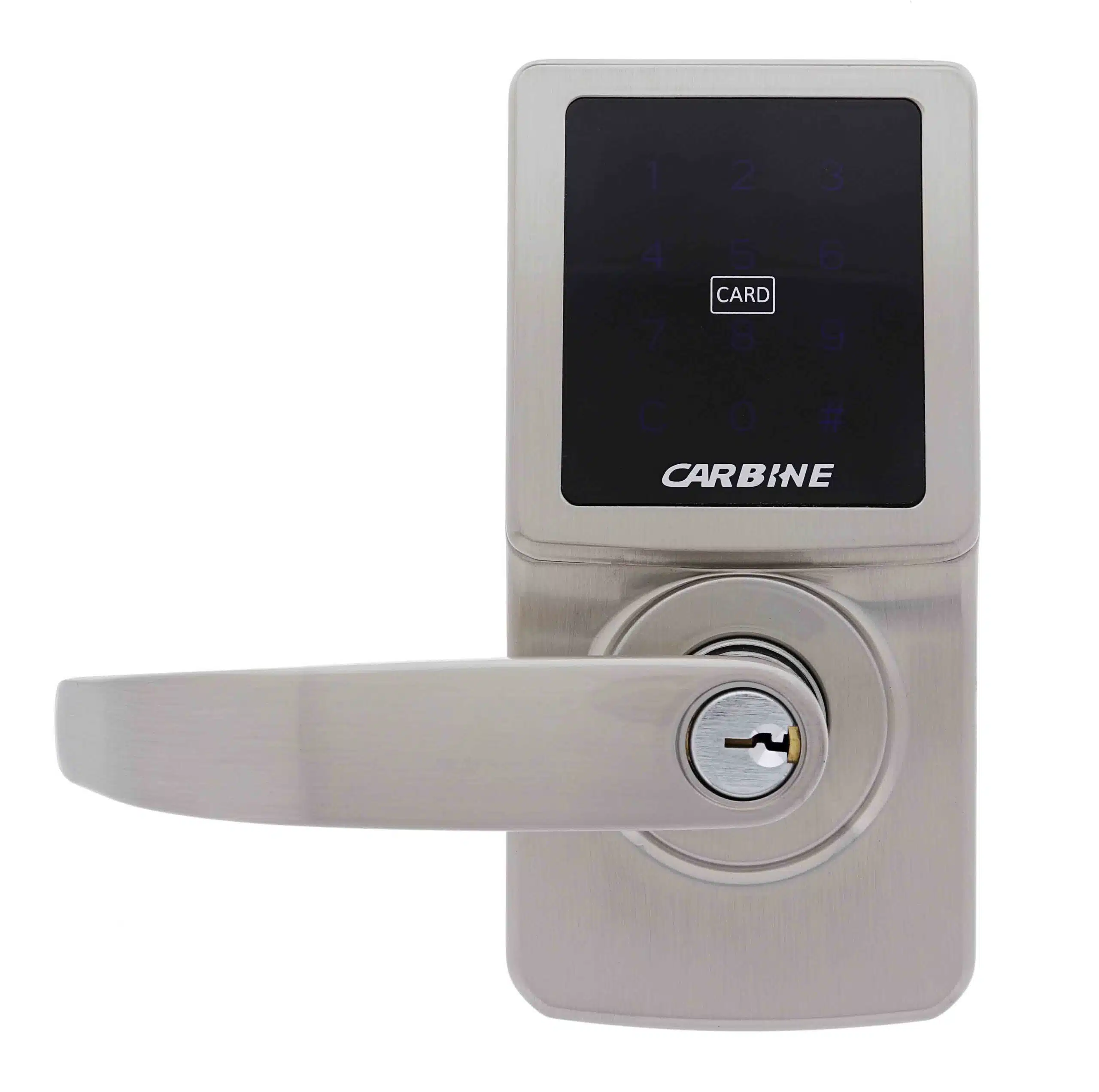 carbine cel digital leverset, CEL-3IN1-SL8, Carbine electronic lever lock with a touchscreen keypad, card reader, and physical key cylinder