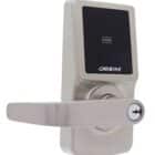 carbine cel digital leverset, CEL-3IN1-SL8, Satin nickel Carbine electronic door lock featuring a lever handle, keyhole, and touchscreen keypad with card reader
