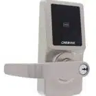 carbine cel digital leverset, CEL-3IN1-SL8, Satin nickel Carbine electronic door lock featuring a lever handle, keyhole, and touchscreen keypad with card reader