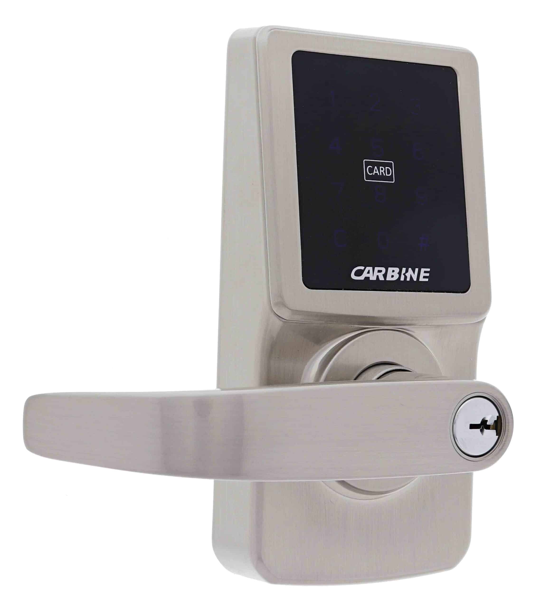 carbine cel digital leverset, CEL-3IN1-SL8, Satin nickel Carbine electronic door lock featuring a lever handle, keyhole, and touchscreen keypad with card reader