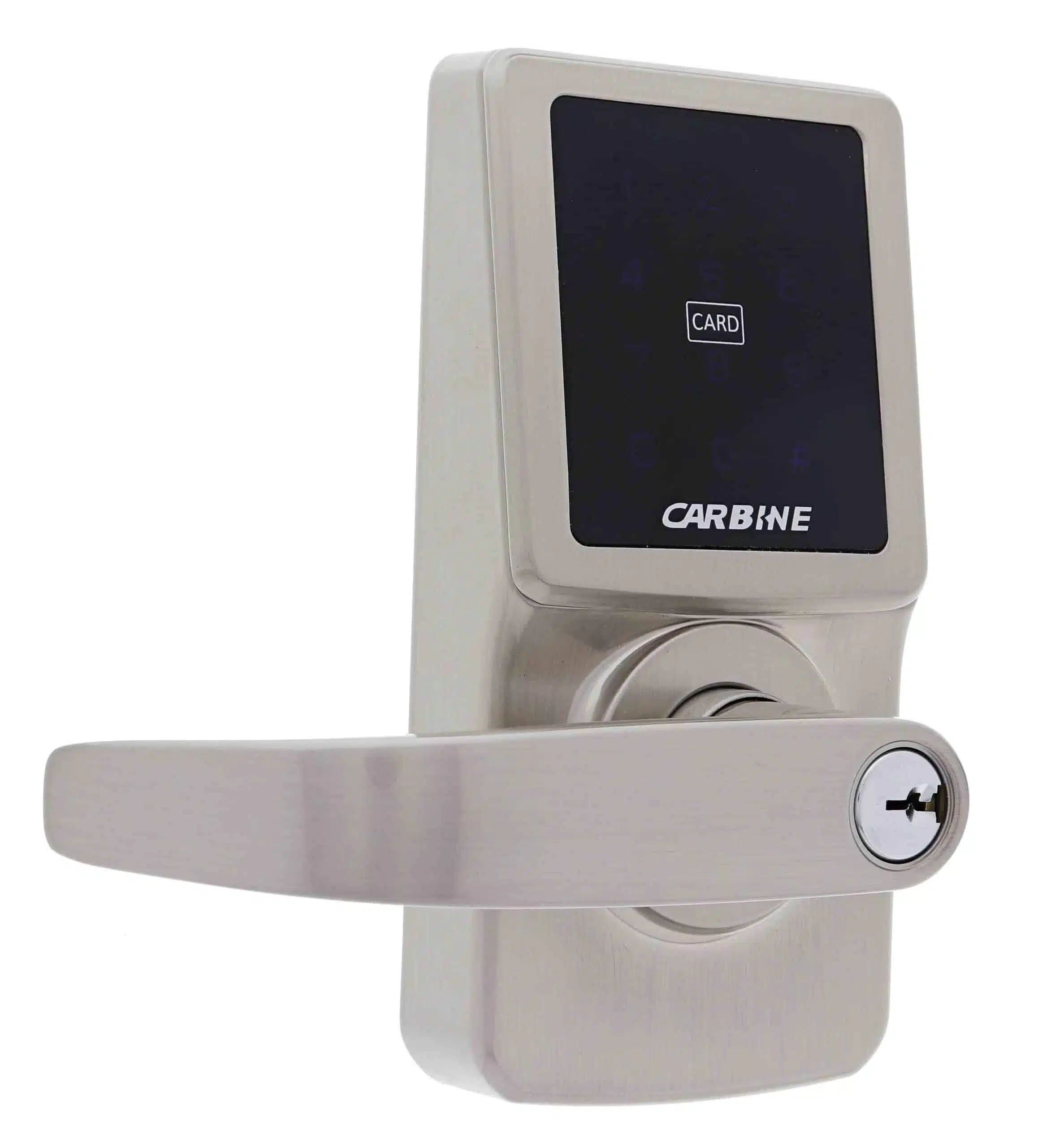 carbine cel digital leverset, CEL-3IN1-SL8, Satin nickel Carbine electronic door lock featuring a lever handle, keyhole, and touchscreen keypad with card reader