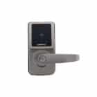 Carbine digital door lock with a blue backlit keypad, card reader, and a lever handle with a keyhole