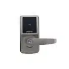 Carbine digital door lock with a blue backlit keypad, card reader, and a lever handle with a keyhole
