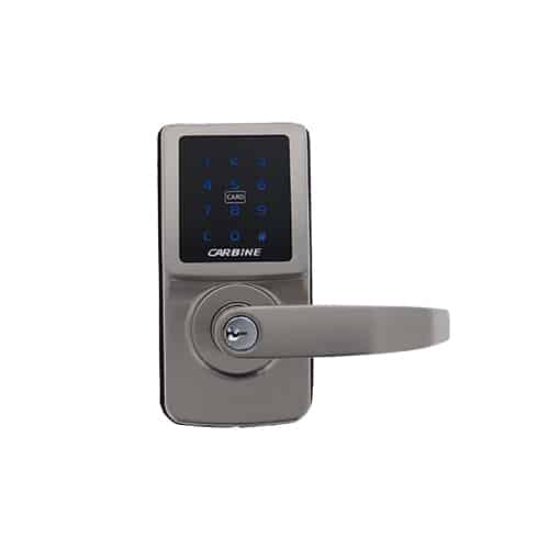 Carbine digital door lock with a blue backlit keypad, card reader, and a lever handle with a keyhole
