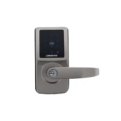 Carbine digital door lock with a blue backlit keypad, card reader, and a lever handle with a keyhole