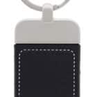 Rectangular black leather keychain with white stitching and a silver metal ring RFID