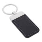 Rectangular black leather keychain with white stitching and a silver metal ring RFID