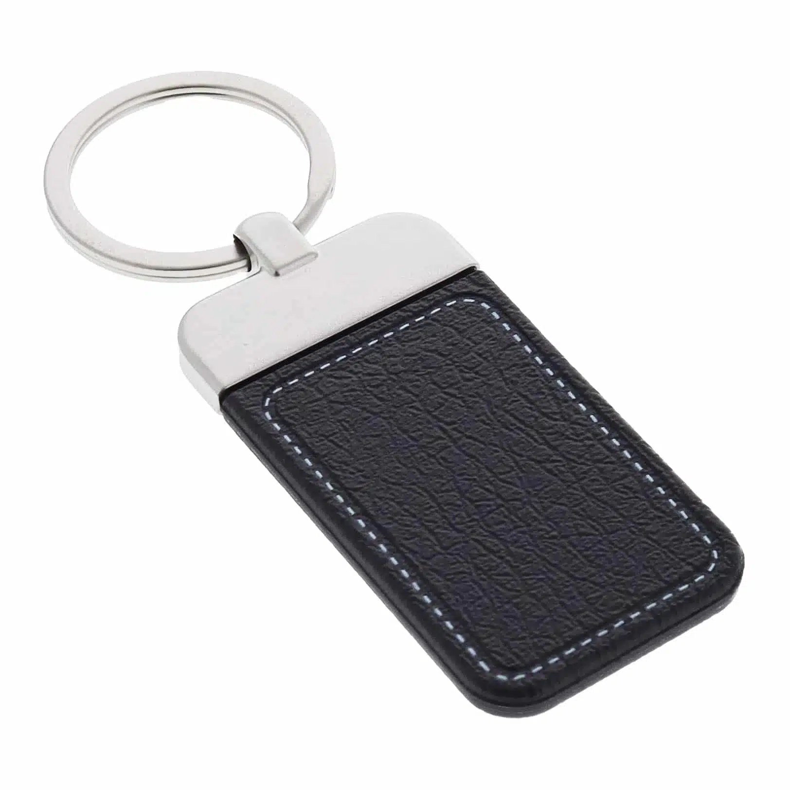 Rectangular black leather keychain, carbine cel digital accessories, carbine cel rfid cards, mifare 13.56mhz fobs, carbine cel2 digital accessories, rfid phone stickers digital lock, carbine digital lock accessories australia, cel 3in1 access media, CEL-RFID, with white stitching and a silver metal ring RFID