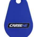 Blue teardrop-shaped key fob with the CARBINE logo