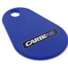 Blue teardrop-shaped key fob with the CARBINE logo