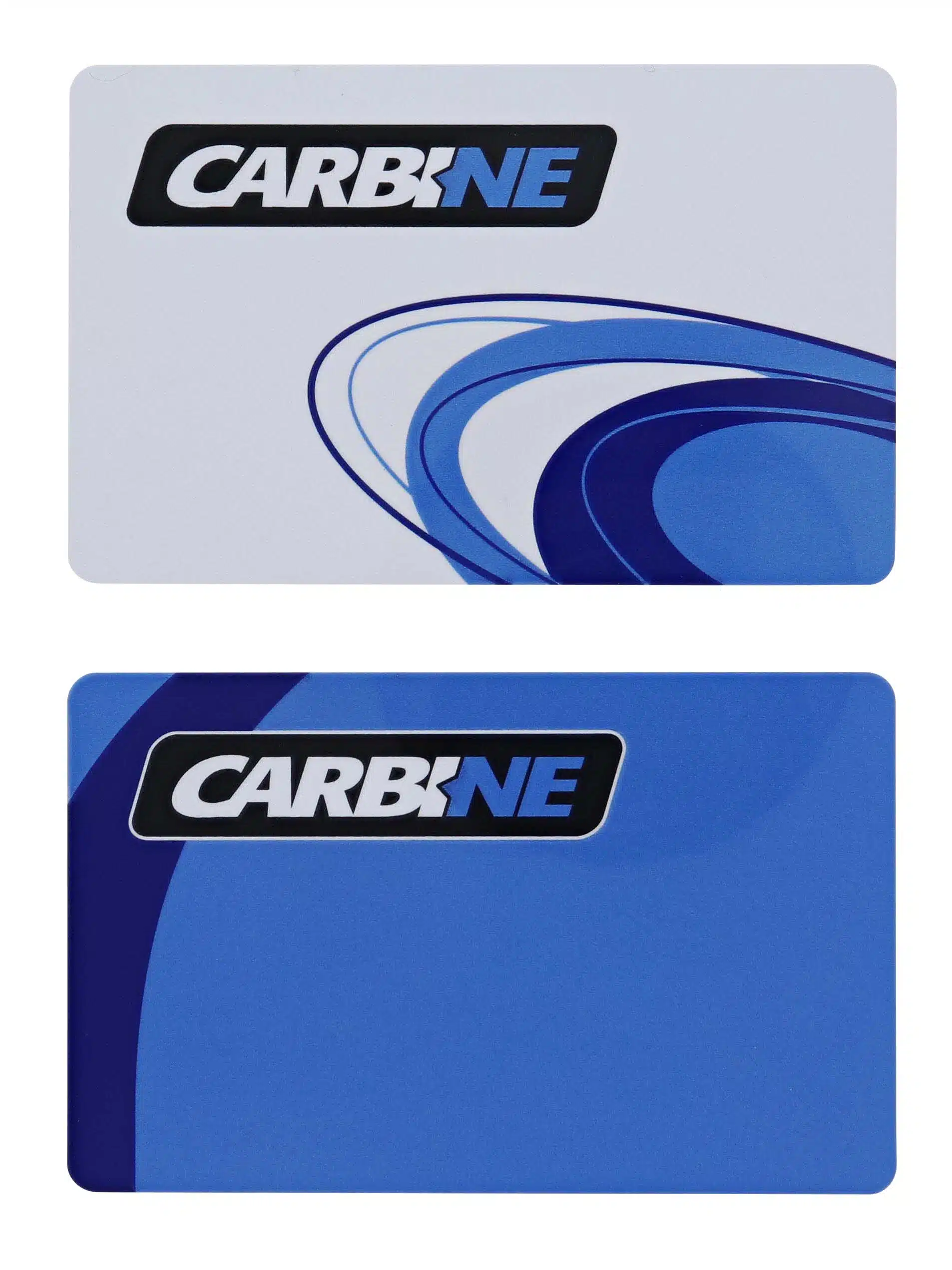 carbine cel digital accessories, carbine cel rfid cards, mifare 13.56mhz fobs, carbine cel2 digital accessories, rfid phone stickers digital lock, carbine digital lock accessories australia, cel 3in1 access media, CEL-RFID, Two CARBINE brand cards: one white with blue circular patterns and one blue with a dark blue swoosh