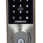 Carbine digital door lock with touchscreen keypad, card reader, and key cylinder, digital deadbolt