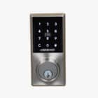 Carbine electronic door lock featuring a backlit touchscreen keypad, card reader, and a key override