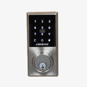 Carbine electronic door lock featuring a backlit touchscreen keypad, card reader, and a key override