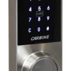 Carbine digital door lock with touchscreen keypad, card reader, and key cylinder, digital deadbolt