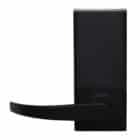 Matte black door lever handle with a rectangular backplate, carbine, digital lock, smart lock, digital smart lock soultions