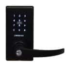 Black Carbine electronic door lock with a backlit keypad, card reader, and lever handle