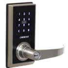 Carbine digital door lock featuring a backlit keypad, card reader, and silver lever handle with keyhole