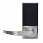 Brushed metal lever door handle with a black rectangular electronic lock panel