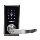 Carbine digital door lock featuring a backlit keypad, card reader, and lever handle with key override