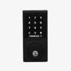 carbine cel2 digital deadbolt bluetooth, Carbine electronic door lock with a black numeric keypad, Bluetooth icon, and a manual key cylinder