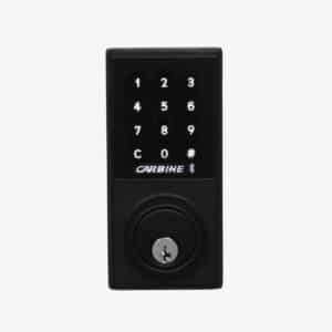 carbine cel2 digital deadbolt bluetooth, Carbine electronic door lock with a black numeric keypad, Bluetooth icon, and a manual key cylinder