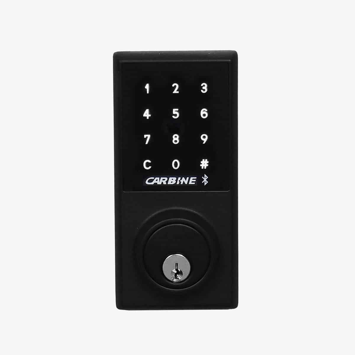 CEL2-BT-DBMB_IMAGE01-1 carbine cel2 digital deadbolt bluetooth, Carbine electronic door lock with a black numeric keypad, Bluetooth icon, and a manual key cylinder