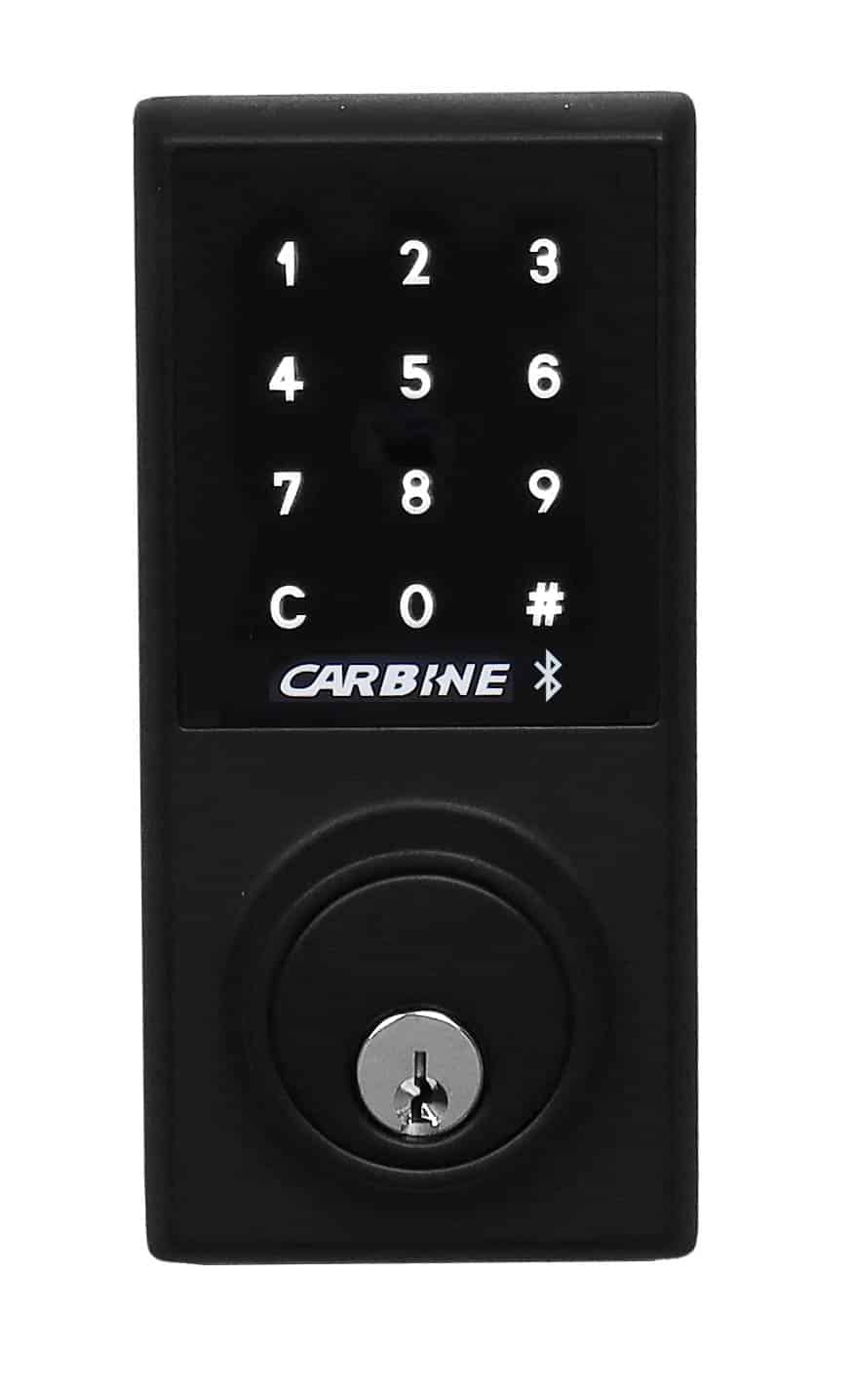 carbine cel2 digital , deadbolt bluetoothBlack Carbine smart lock featuring a numeric keypad, Bluetooth icon, and a physical keyhole