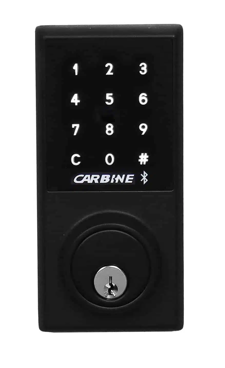 carbine cel2 digital , deadbolt bluetoothBlack Carbine smart lock featuring a numeric keypad, Bluetooth icon, and a physical keyhole