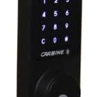 carbine cel2 digital deadbolt bluetooth, Black Carbine smart lock featuring a numeric keypad, Bluetooth icon, and a physical keyhole
