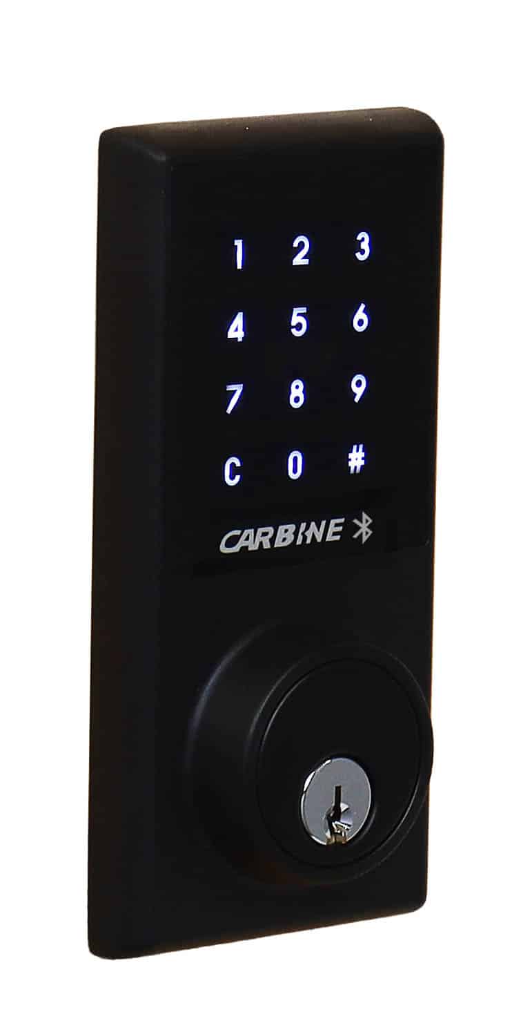 carbine cel2 digital deadbolt bluetooth, Black Carbine smart lock featuring a numeric keypad, Bluetooth icon, and a physical keyhole