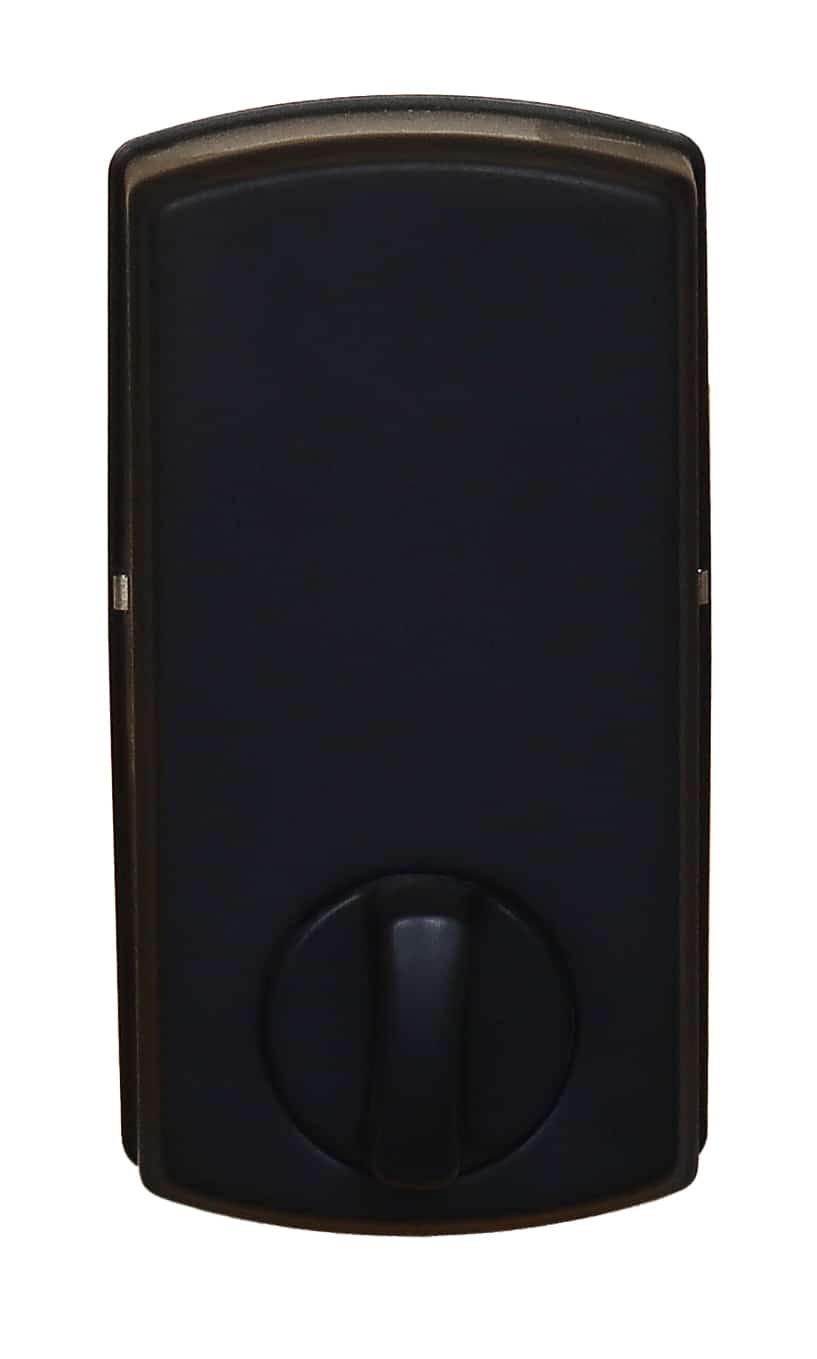 carbine cel2 digital , deadbolt bluetoothInterior assembly of a matte black smart lock featuring a thumbturn at the bottom