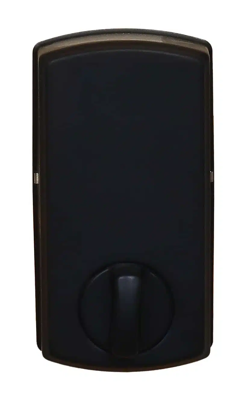 deadbolt, bluetooth, interior assembly of a matte black smart lock featuring a thumbturn at the bottom