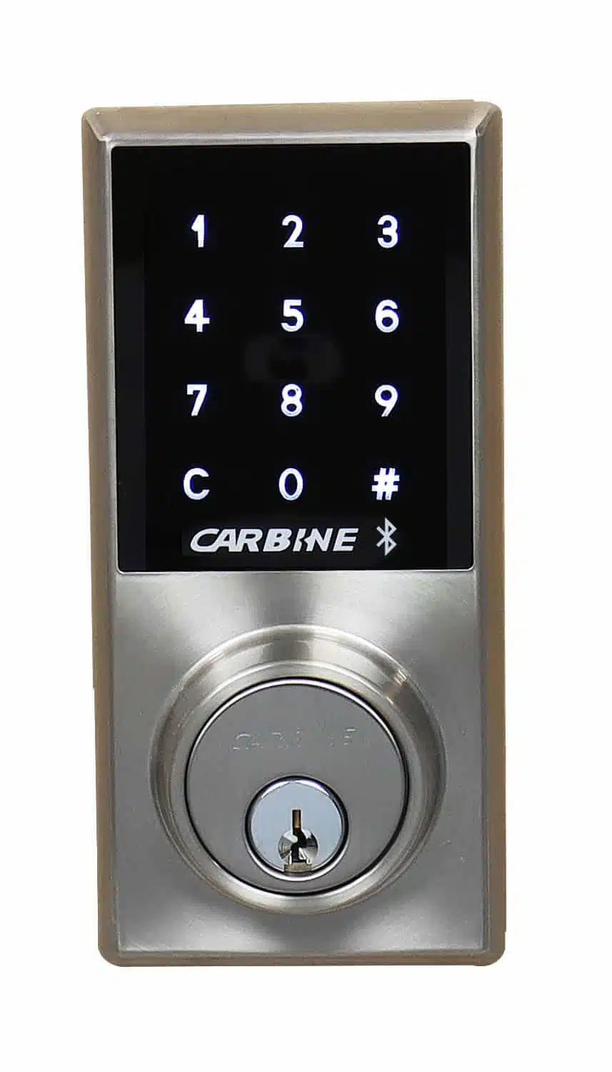 carbine cel2 digital deadbolt bluetooth, Carbine digital door deadboltwith a backlit touchscreen keypad and a physical key cylinder,