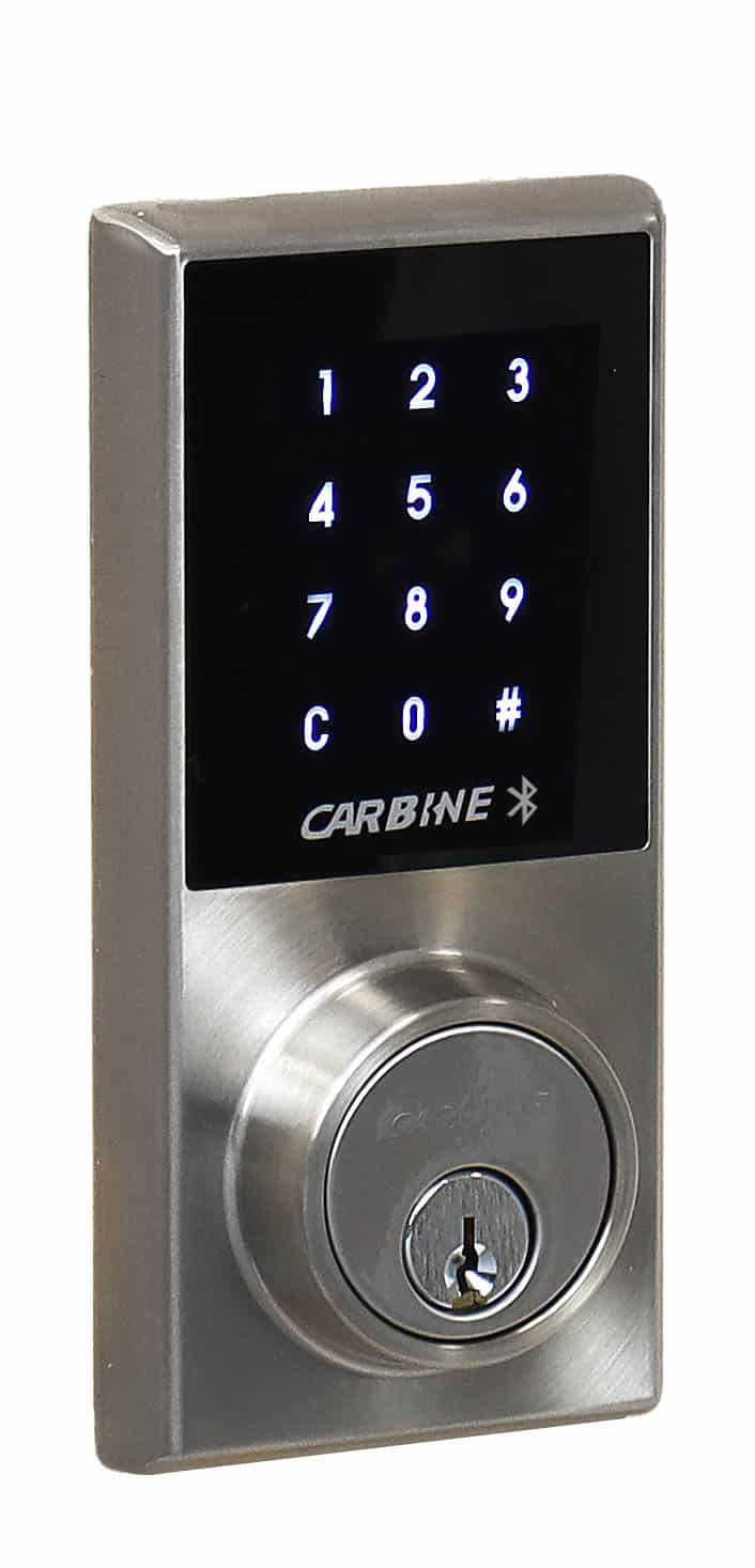 carbine cel2 digital deadbolt bluetooth, Carbine digital door deadboltwith a backlit touchscreen keypad and a physical key cylinder,