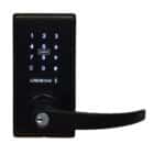 Black Carbine electronic door lock with backlit keypad, card reader, Bluetooth, and lever handle with key override