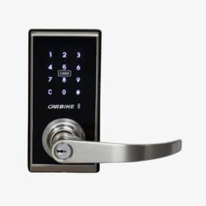 Carbine electronic door lock with digital keypad, card reader, Bluetooth icon, and lever handle with keyhole