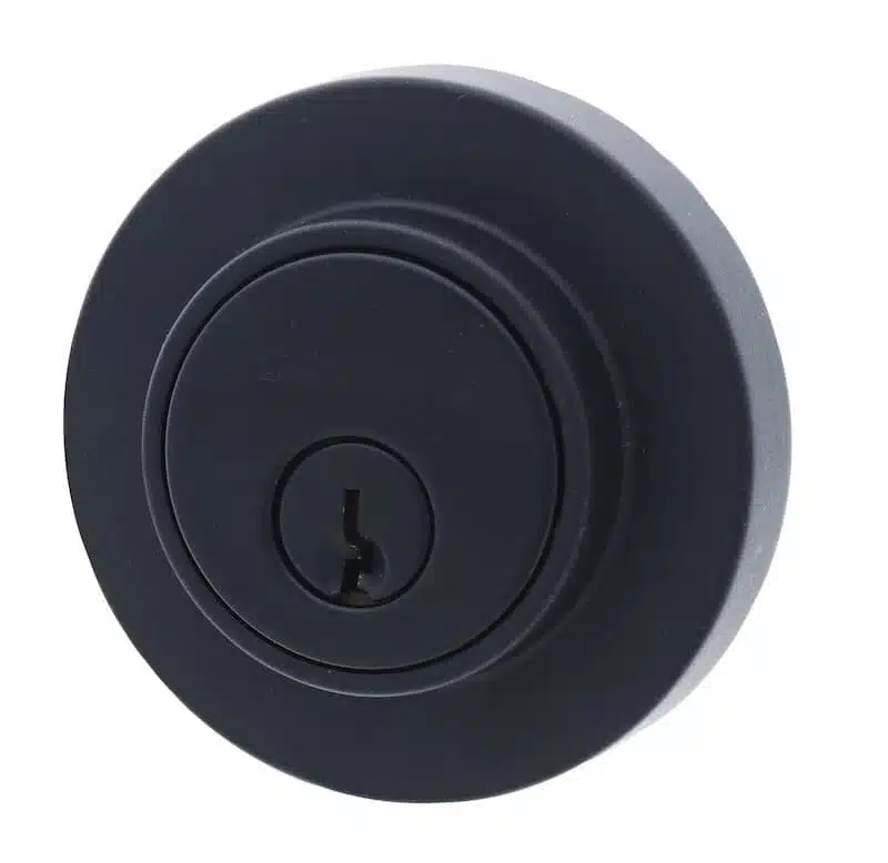LB3910, carbine lb3 single sided deadbolt, carbine lb3 deadbolt, low profile deadbolt, slimline deadbolt 20mm, carbine single cylinder deadbolt, 62mm rose deadbolt, c4 deadbolt australia, Matte black deadbolt lockset hardware including exterior cylinder, interior thumbturn, latch bolt, strike plate, and two keys